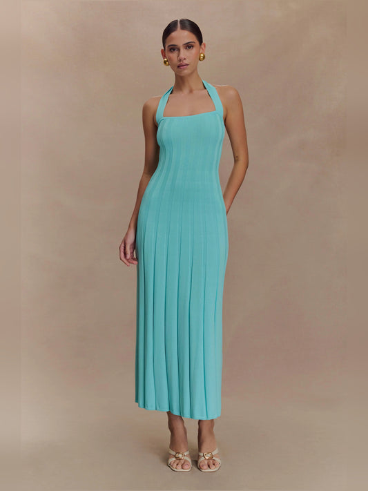 Blue midi formal dress with halter neckline, full-length front view