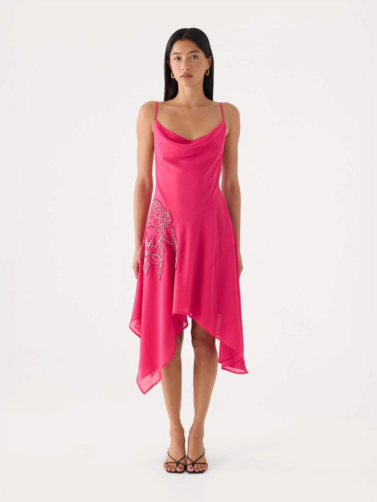 Fuchsia midi formal dress with beading, full-length front view