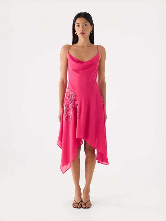 Fuchsia midi formal dress with beading, full-length front view