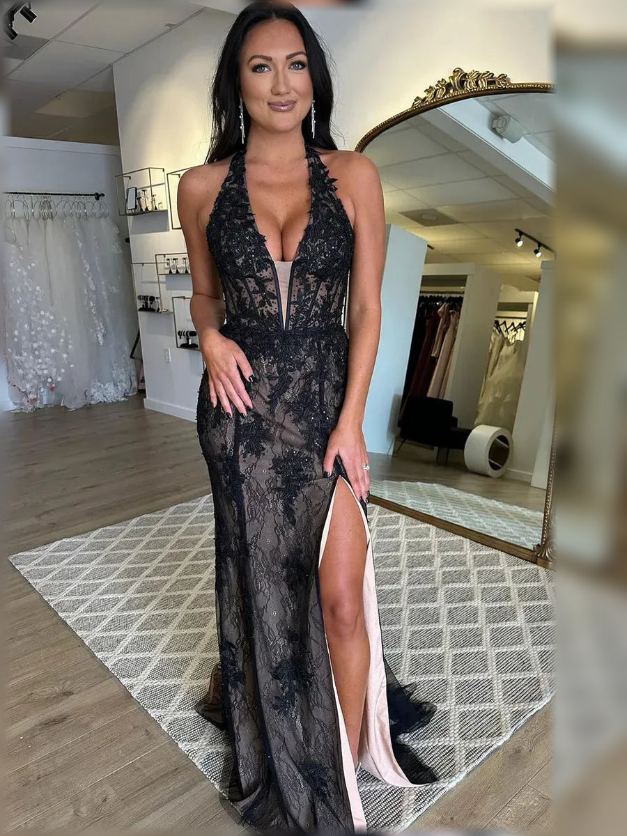 Black sheath floor-length formal dress with halter neckline, full-length front view