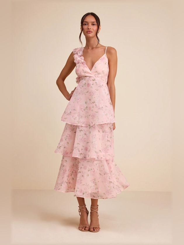 Light Pink Floral midi formal dress with floral print, full-length front view