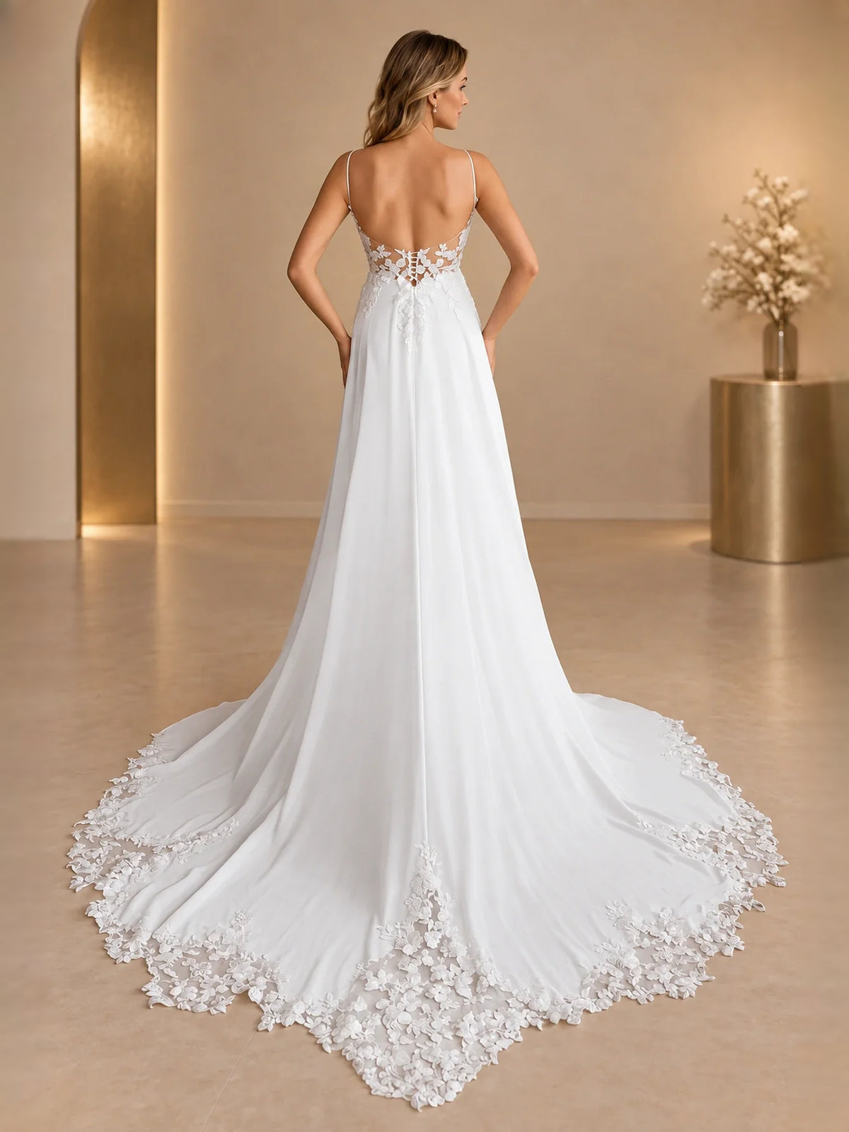 White floor-length wedding dress, front view showing the a-line silhouette