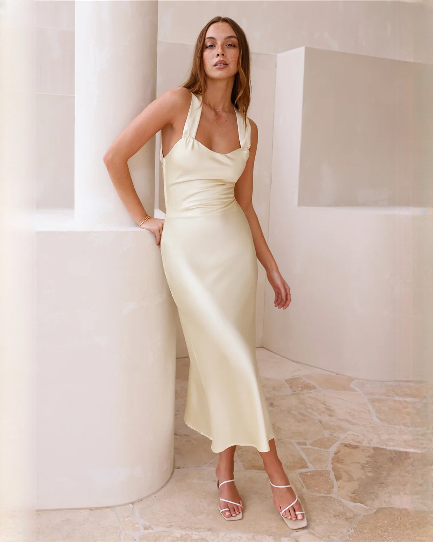 sleeveless satin a-line maxi bridesmaid dress - image 1