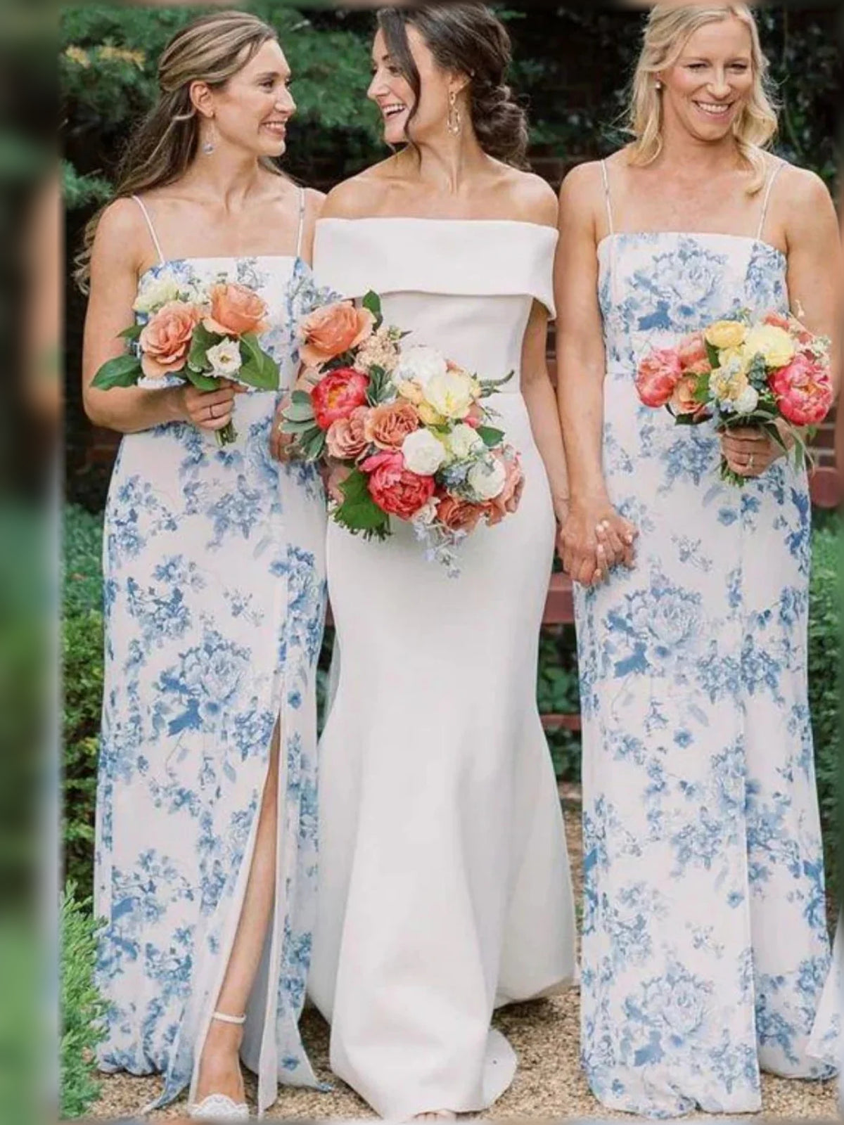 Blue floor-length bridesmaid dress, front view showing the bodycon silhouette