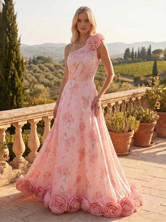 Pink floor-length wedding dress, front view showing the a-line silhouette