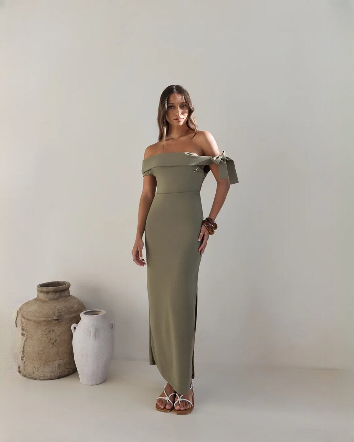 off-shoulder structured satin a-line maxi bridesmaid dress - image 1