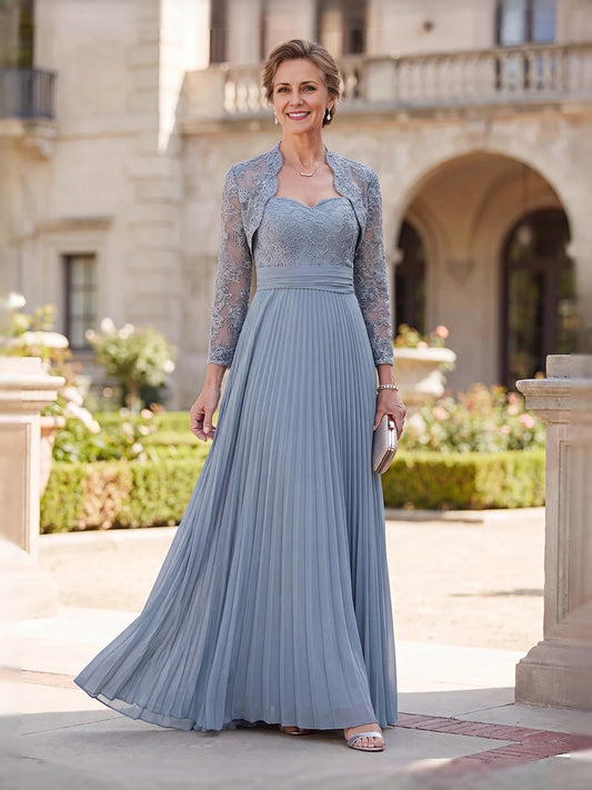 Dusty Blue floor-length mother of the bride dress, front view showing the a-line silhouette