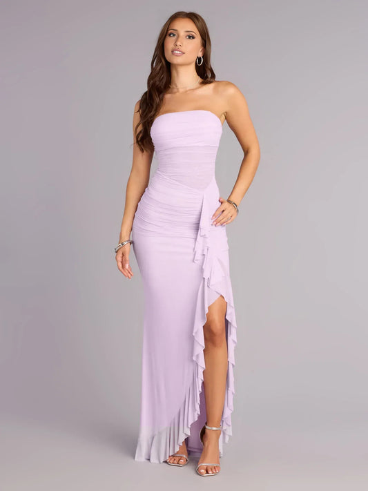 Lavender sheath floor-length formal dress with strapless neckline, full-length front view