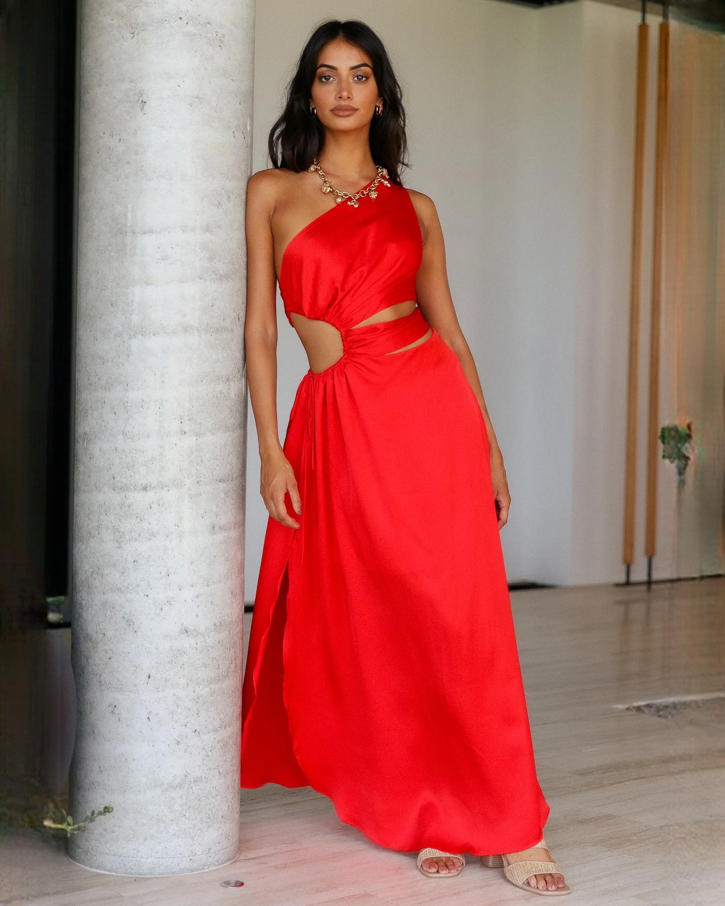 sleeveless satin a-line maxi bridesmaid dress - image 1