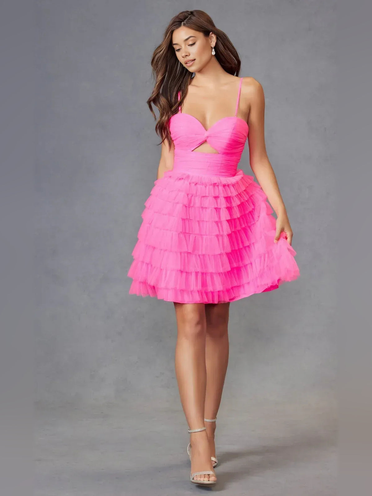 Pink mini homecoming dress, alternate view showing the full-length silhouette