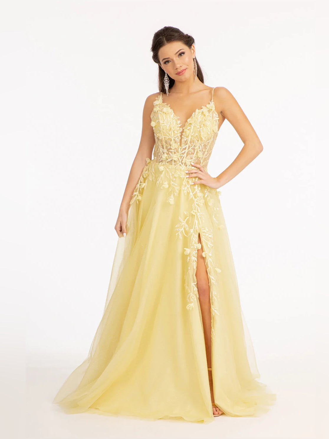Yellow floor-length prom dress, front view showing the a-line silhouette