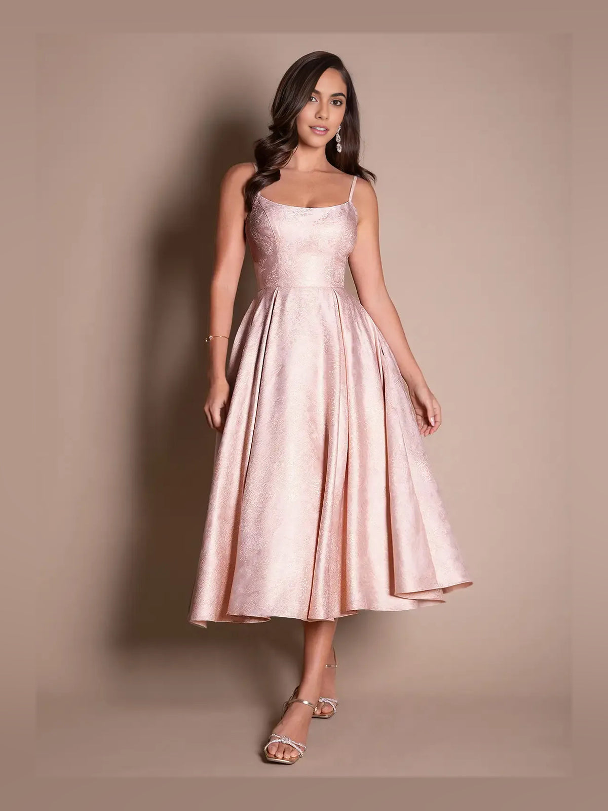 Blush Pink midi prom dress, front view showing the a-line silhouette