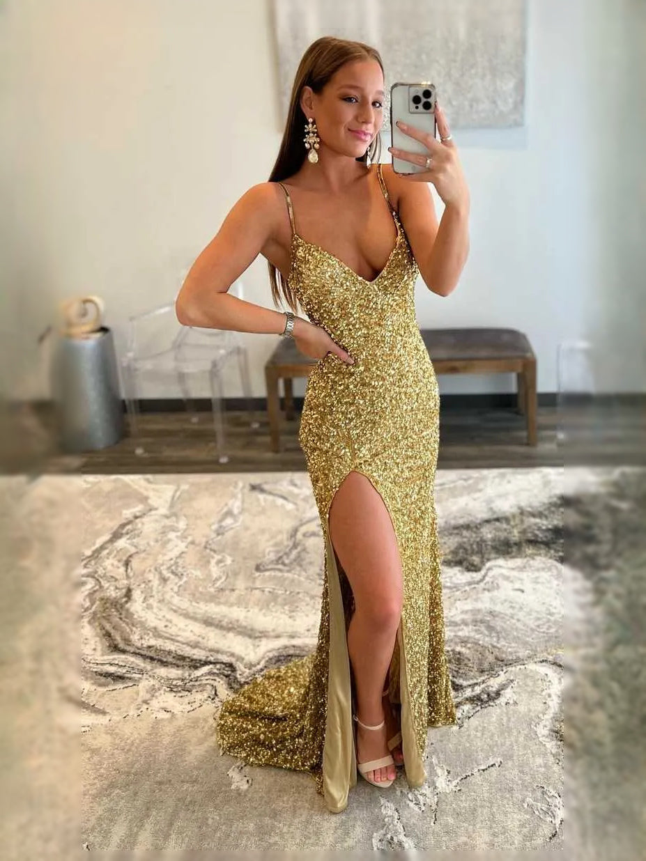 Gold maxi prom dress, front view showing the mermaid silhouette