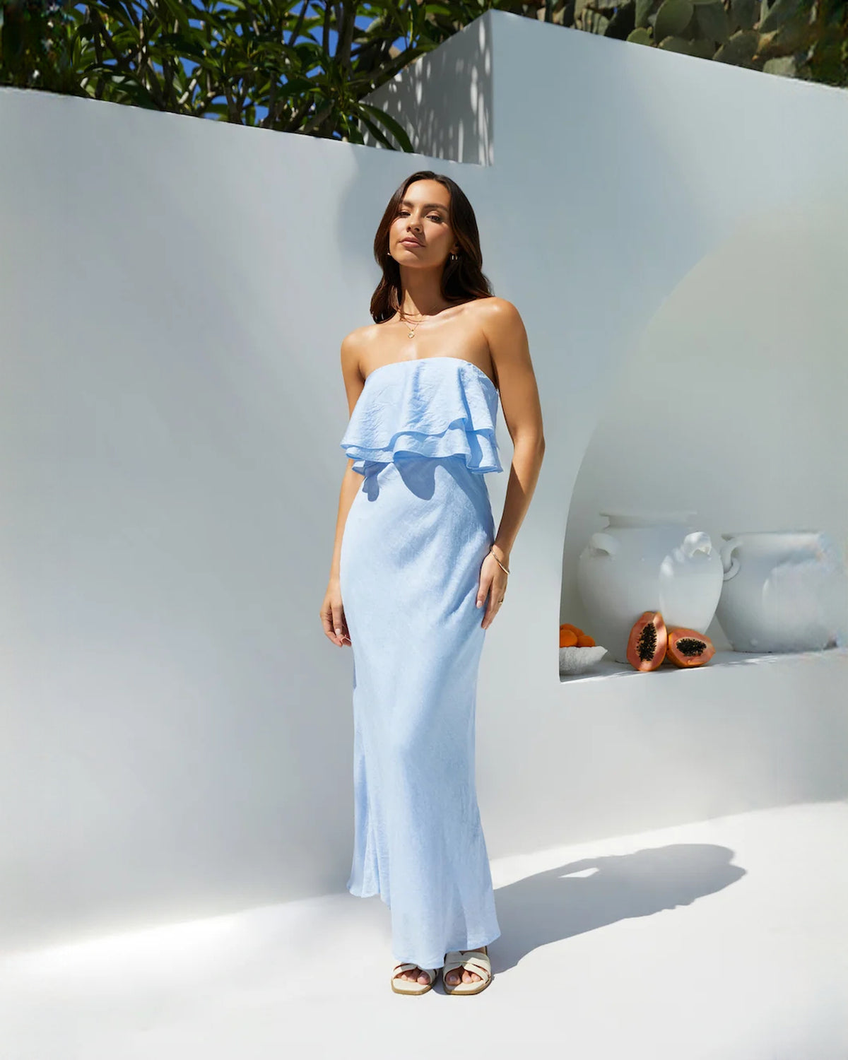 strapless structured satin a-line maxi bridesmaid dress - image 1
