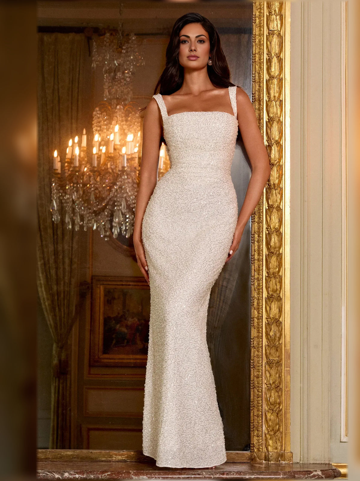 Ivory sheath floor-length formal dress with square neckline, full-length front view