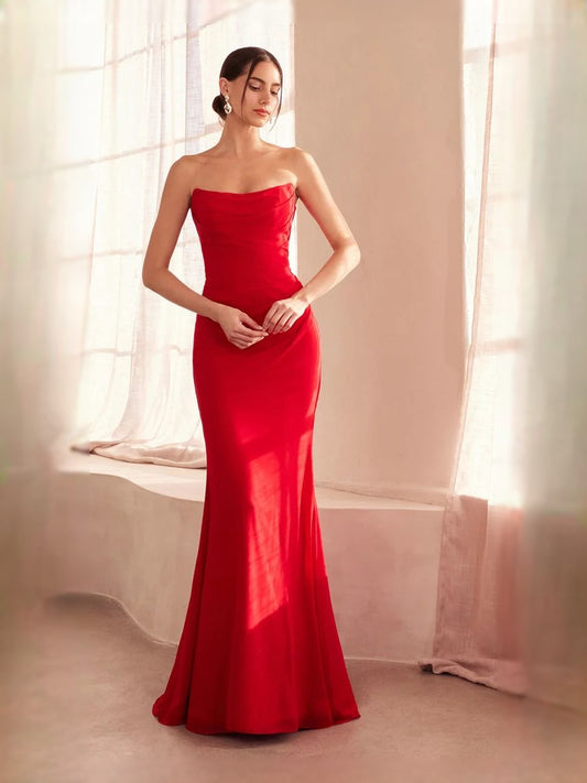 Red floor-length prom dress, front view showing the mermaid silhouette