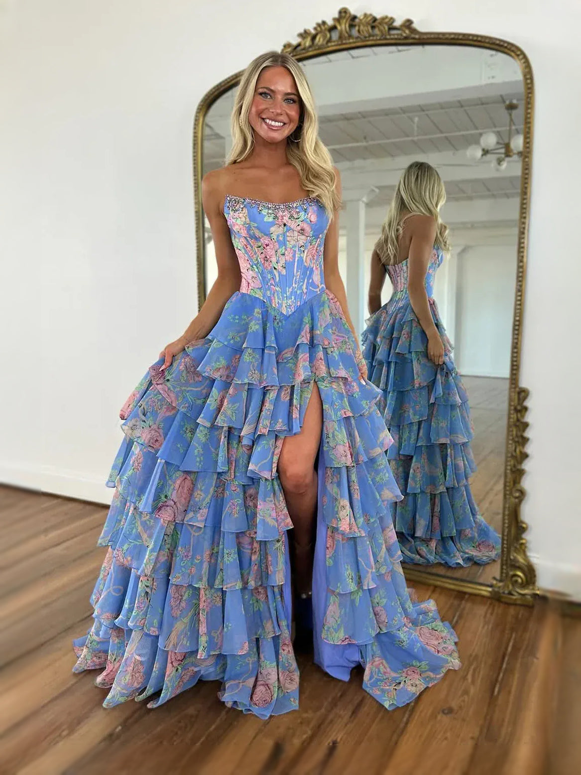 Floral maxi prom dress, front view showing the ball-gown silhouette
