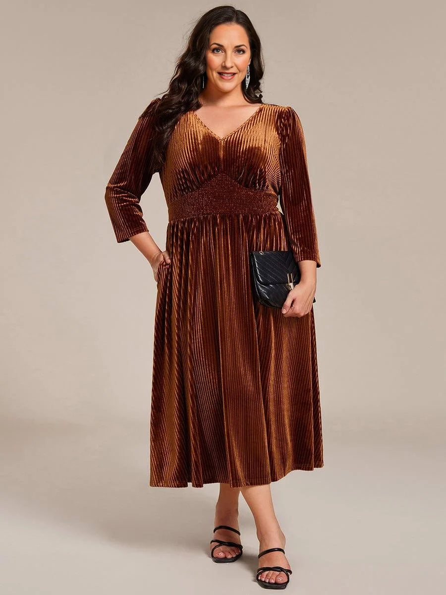 Burgundy midi mother of the bride dress, front view showing the a-line silhouette