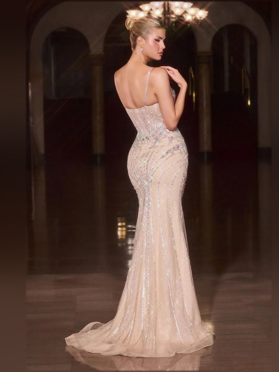 Champagne floor-length prom dress, front view showing the mermaid silhouette