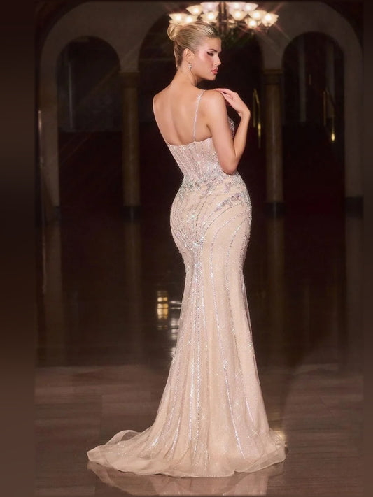 Champagne floor-length prom dress, front view showing the mermaid silhouette