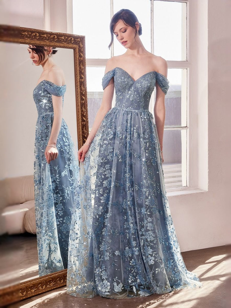 Slate Blue floor-length prom dress, front view showing the ball-gown silhouette