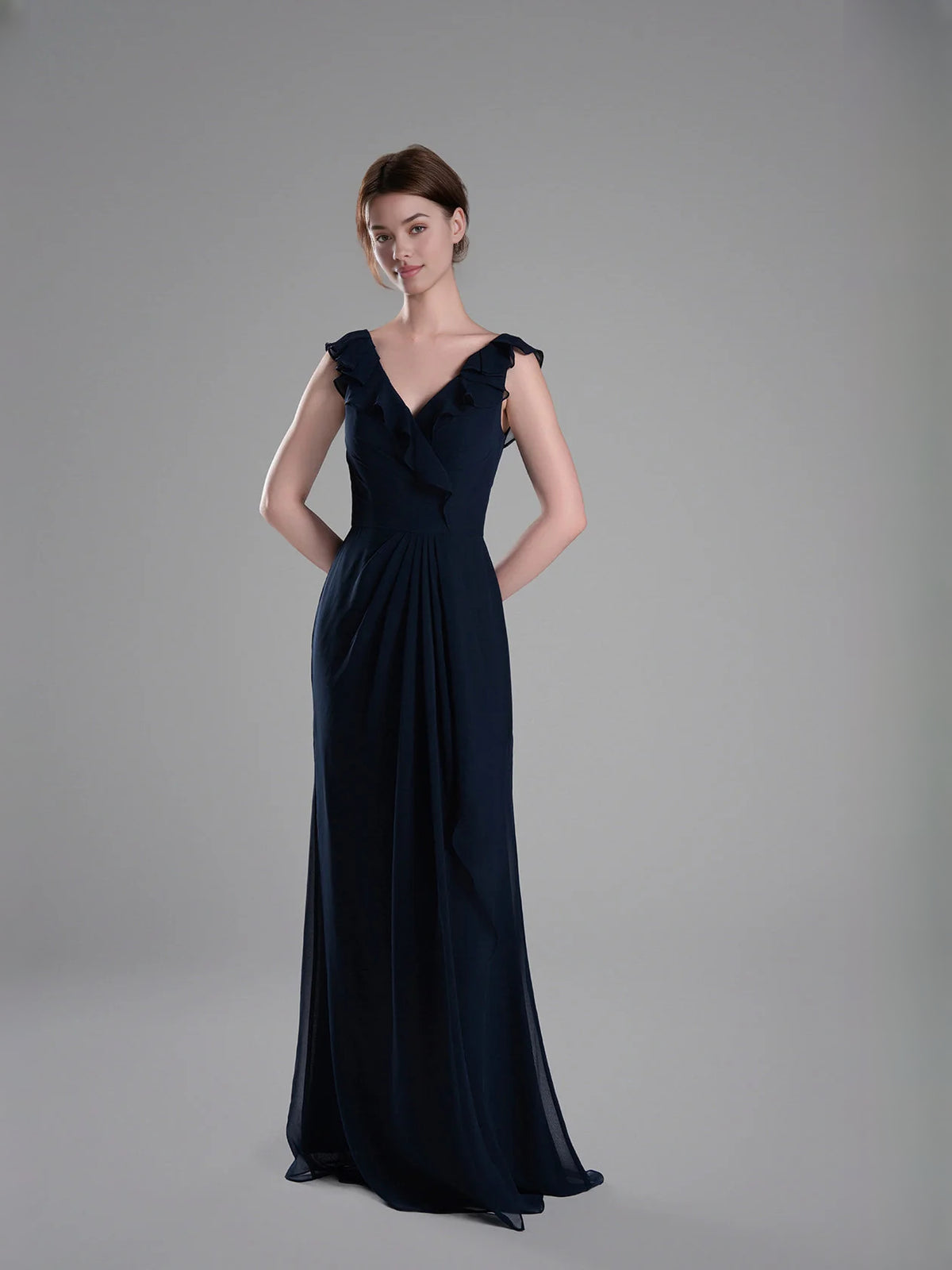 Dark Navy floor-length bridesmaid dress, front view showing the a-line silhouette