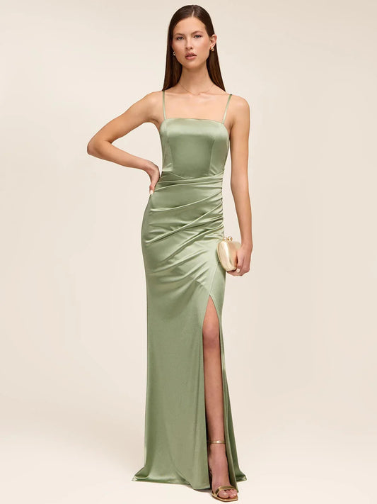 Dusty Sage sheath floor-length formal dress with square neckline, full-length front view