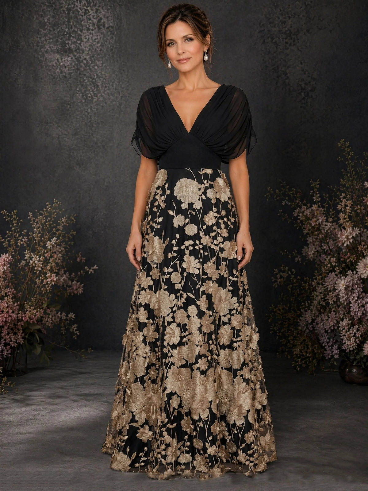 Black floor-length mother of the bride dress, front view showing the a-line silhouette