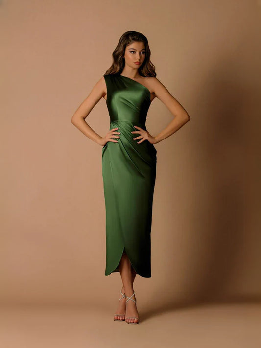 Dark Green midi bridesmaid dress, front view showing the sheath silhouette
