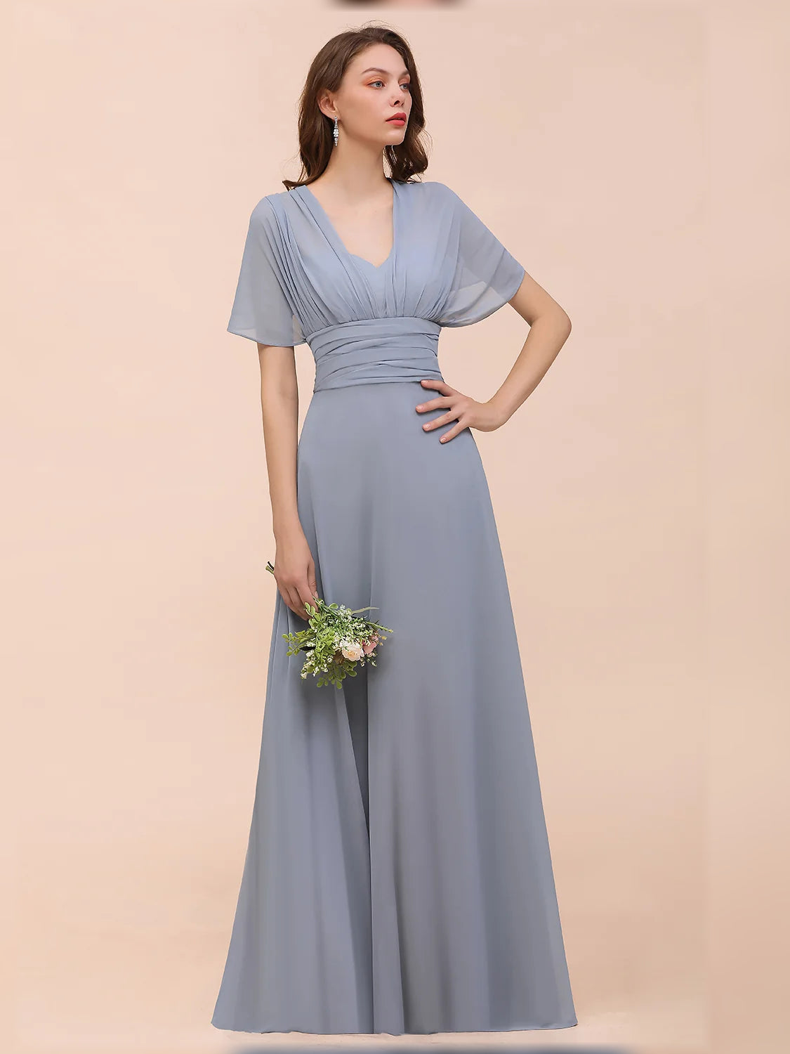 Dusty Blue floor-length bridesmaid dress, front view showing the a-line silhouette