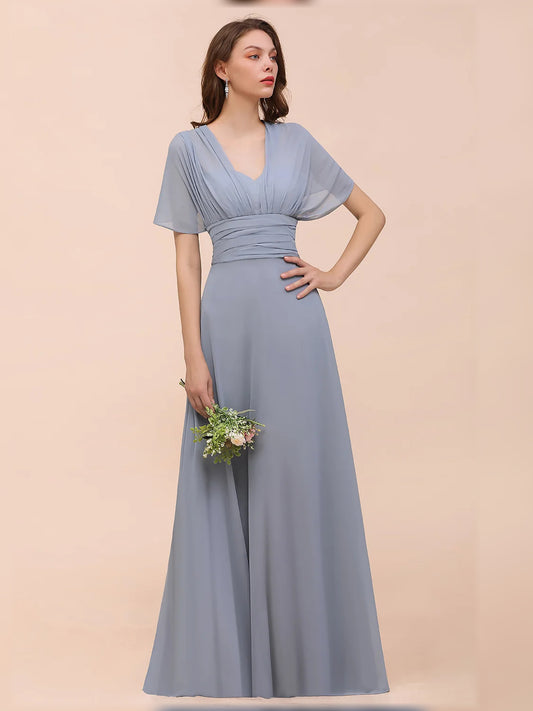 Dusty Blue floor-length bridesmaid dress, front view showing the a-line silhouette
