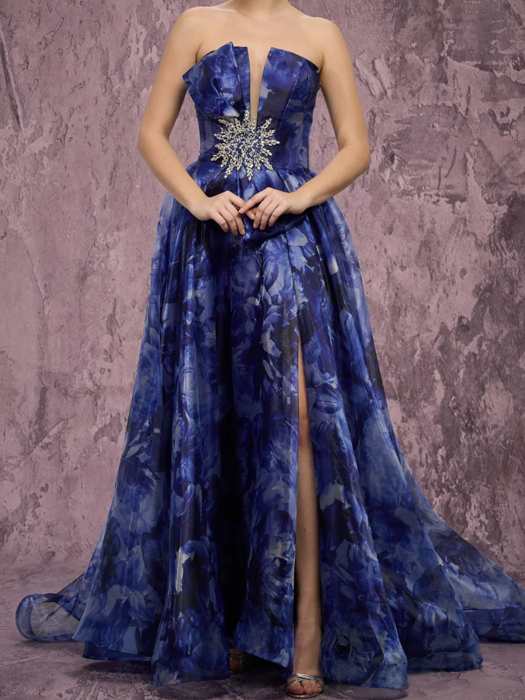 Navy Blue floor-length formal dress with V-neckline, full-length front view