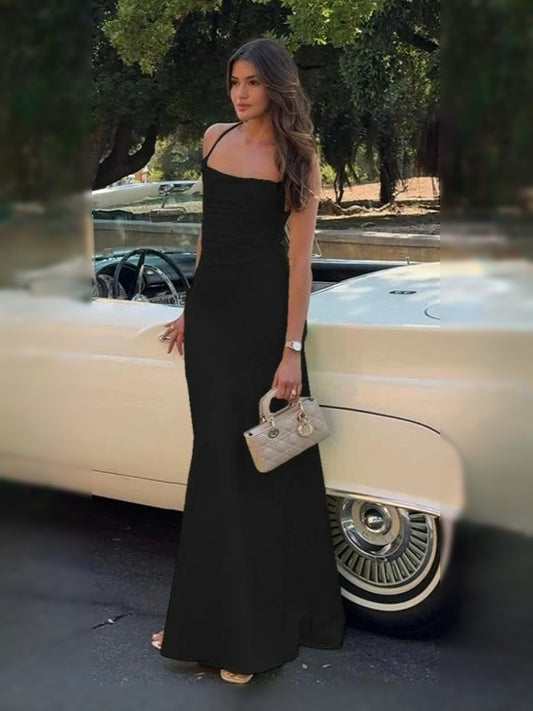 Black sheath floor-length formal dress with cowl neckline, full-length front view