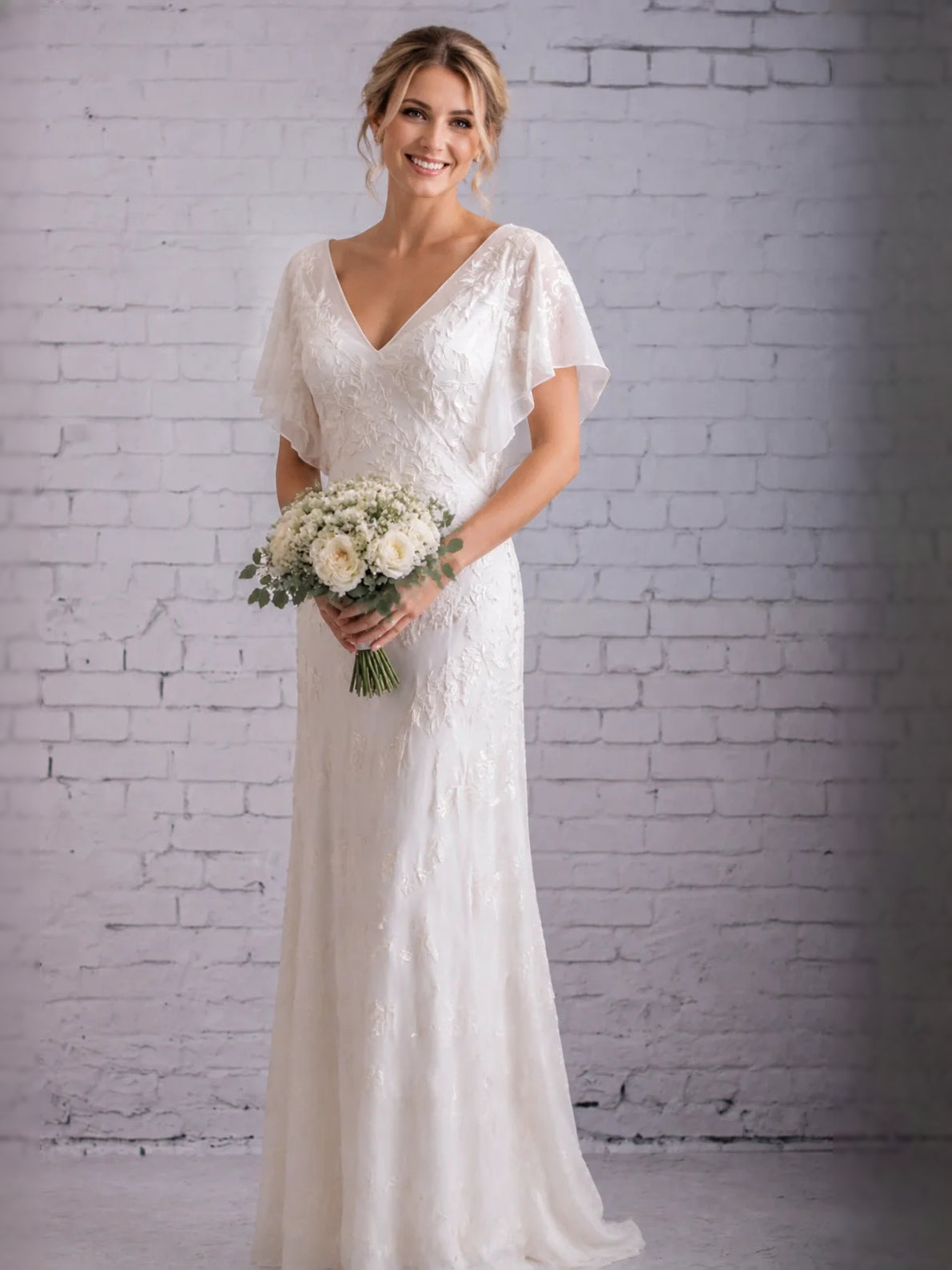 White floor-length wedding dress, front view showing the a-line silhouette