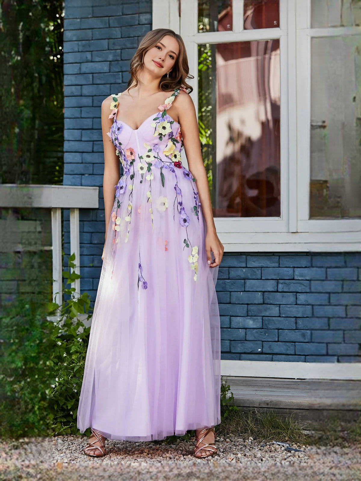 Lilac floor-length prom dress, front view showing the a-line silhouette