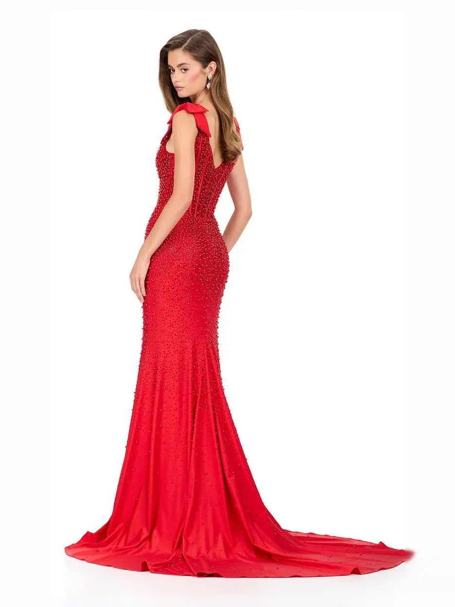 White floor-length prom dress, front view showing the mermaid silhouette