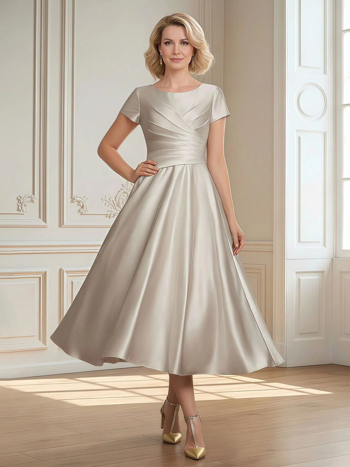 Ivory midi mother of the bride dress, front view showing the a-line silhouette