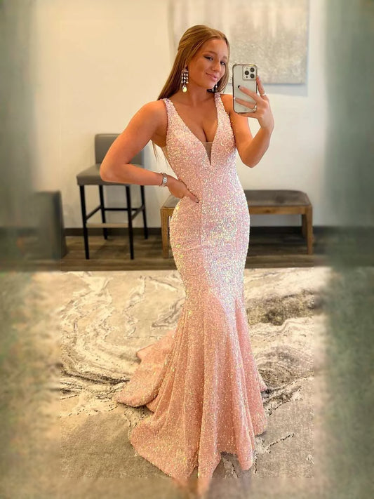 Blush Pink maxi prom dress, front view showing the mermaid silhouette
