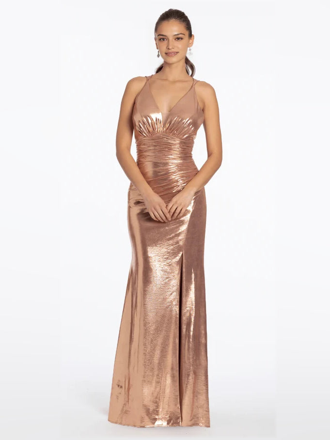 Rose Gold floor-length prom dress, front view showing the mermaid silhouette