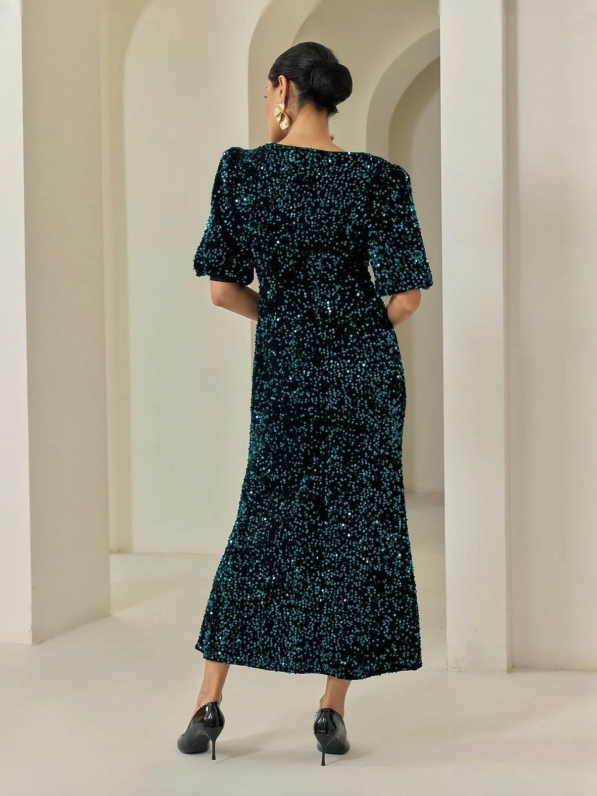 Deep Purple midi prom dress, front view showing the straight silhouette