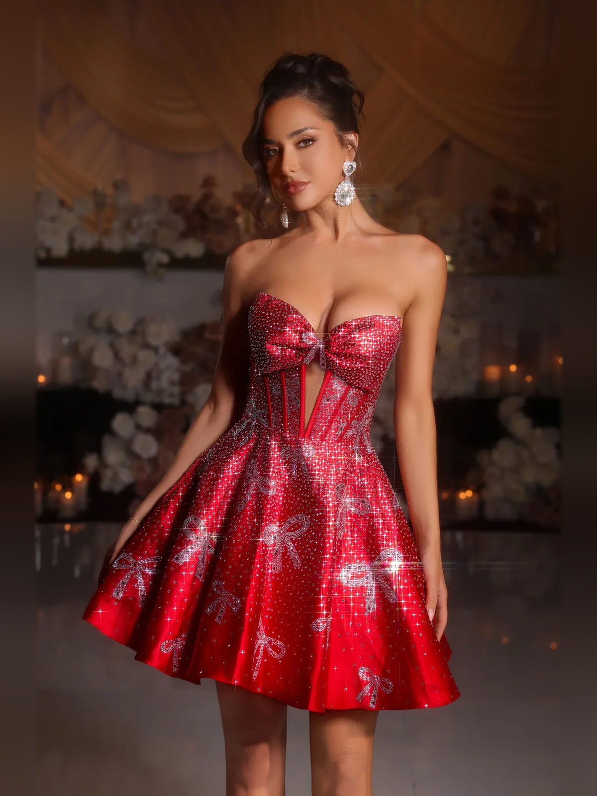 Red mini homecoming dress, alternate view showing the full-length silhouette