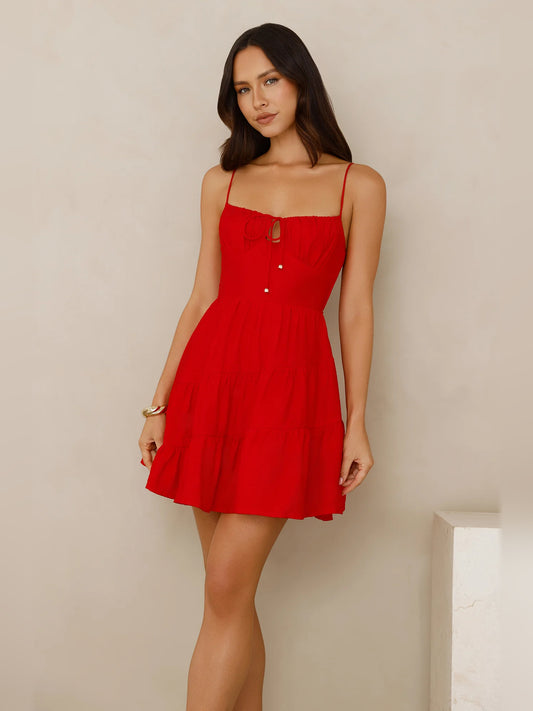 Red mini homecoming dress, front view showing the silhouette