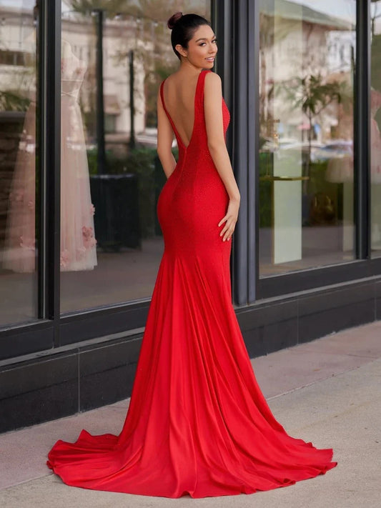 Red maxi prom dress, front view showing the mermaid silhouette