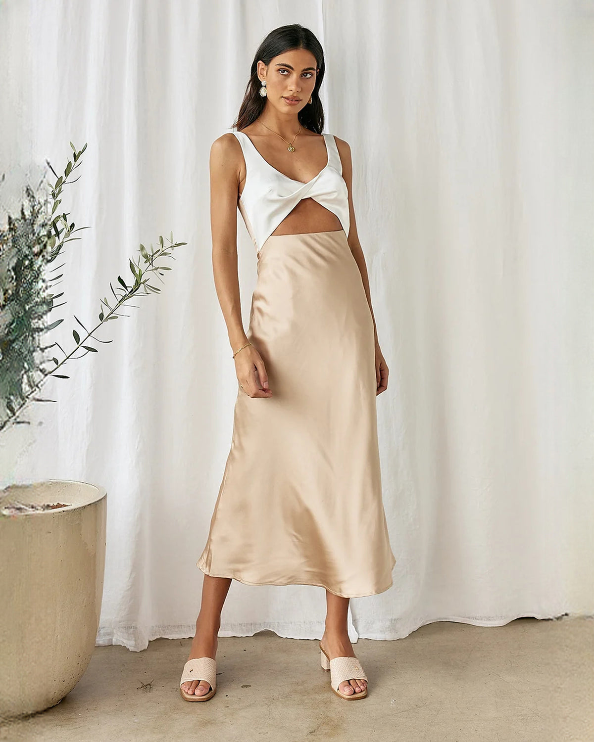 sleeveless satin a-line maxi bridesmaid dress - image 1