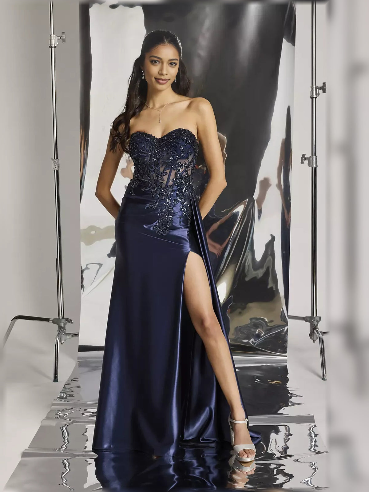 Navy Blue mermaid floor-length formal dress with sweetheart neckline, full-length front view