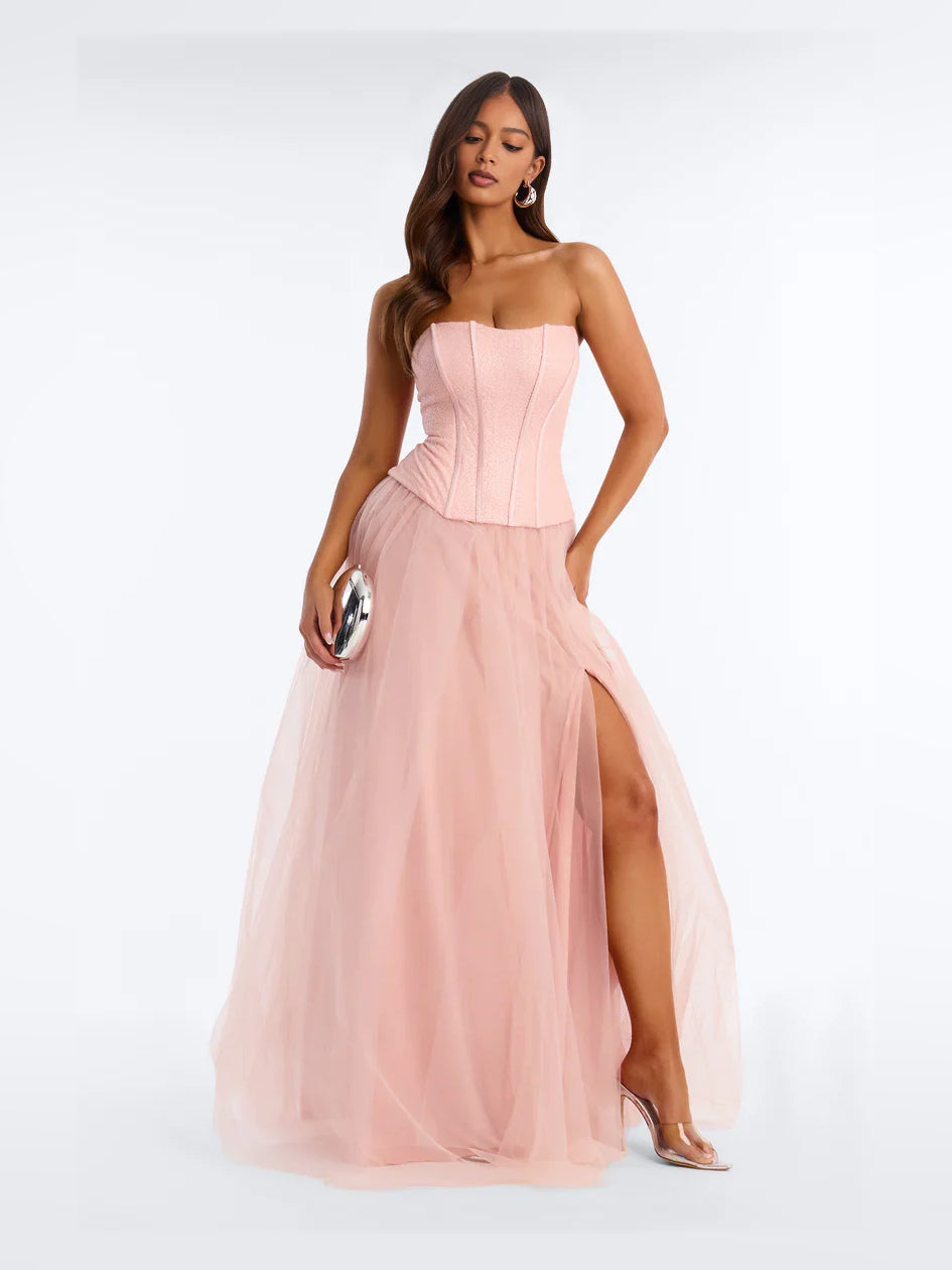 Blush Pink floor-length prom dress, front view showing the a-line silhouette