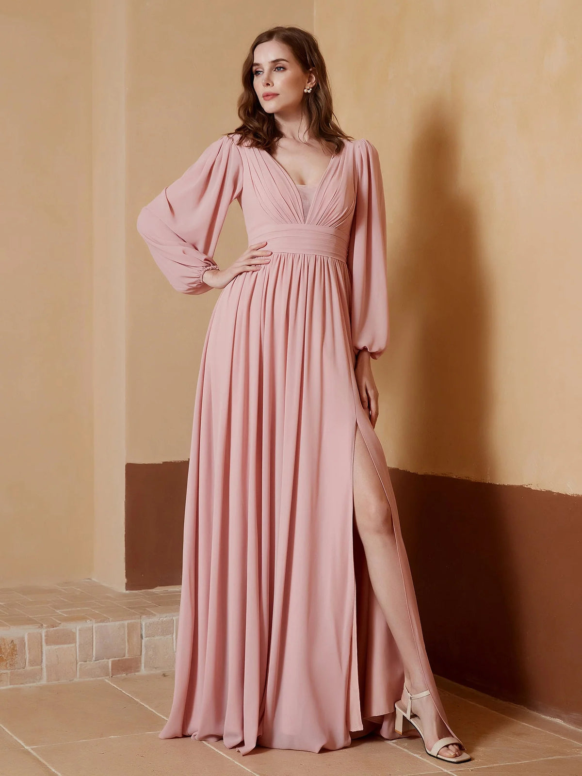 Dusty Rose maxi bridesmaid dress, front view showing the a-line silhouette