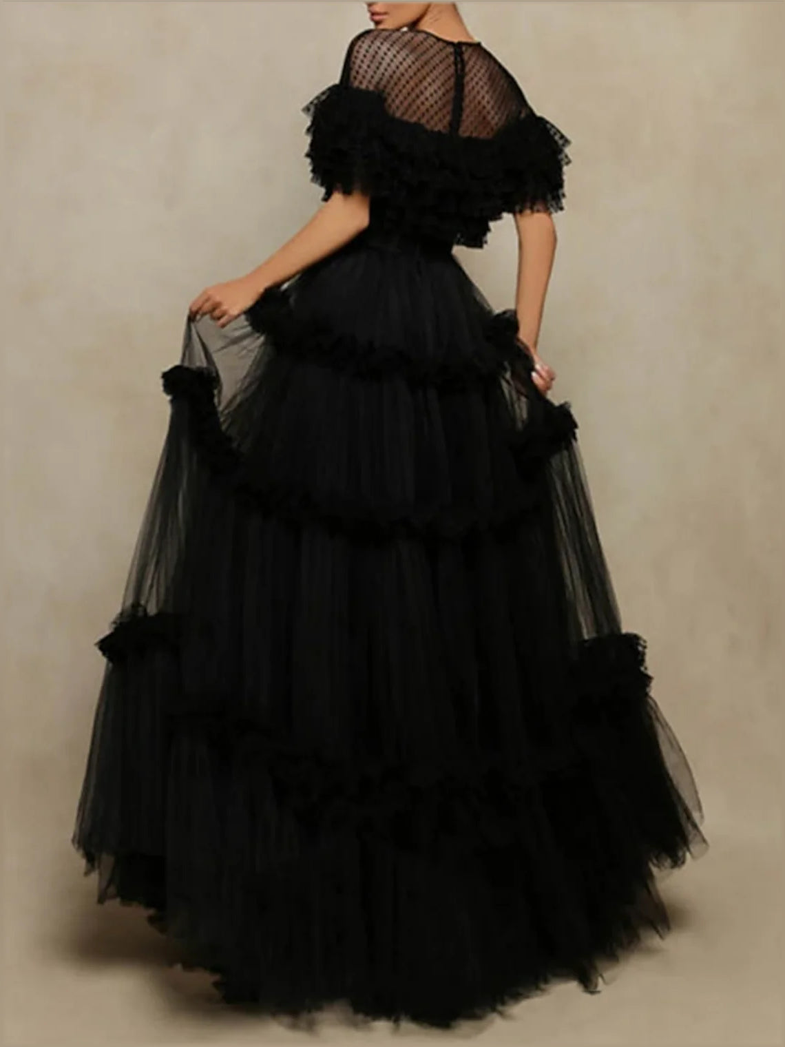 Black floor-length prom dress, front view showing the a-line silhouette