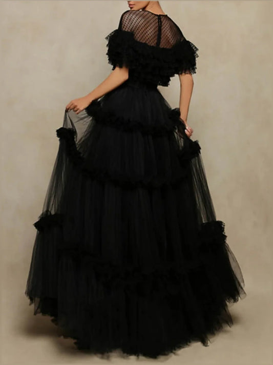 Black floor-length prom dress, front view showing the a-line silhouette