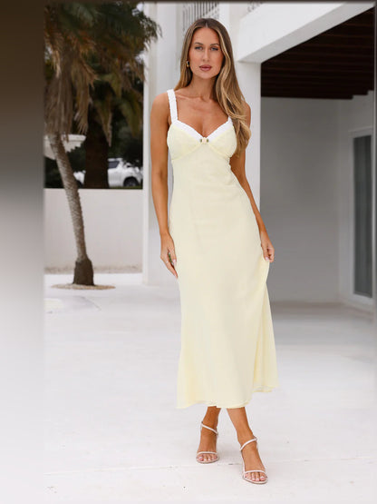 Yellow midi formal dress, full-length front view